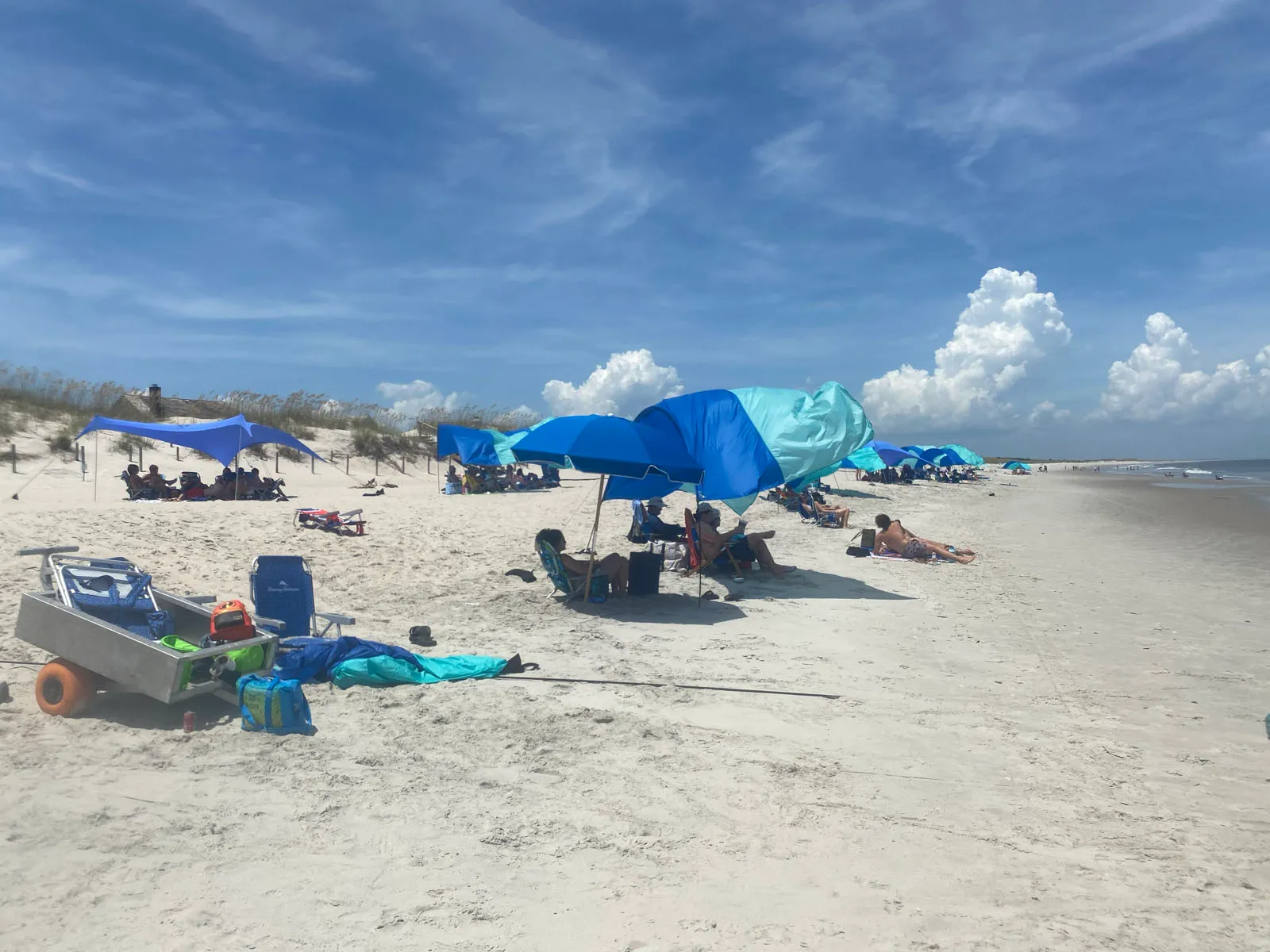 A sunny beach lined with blue sun shelters, chairs, and a beach hauling cart on white sand